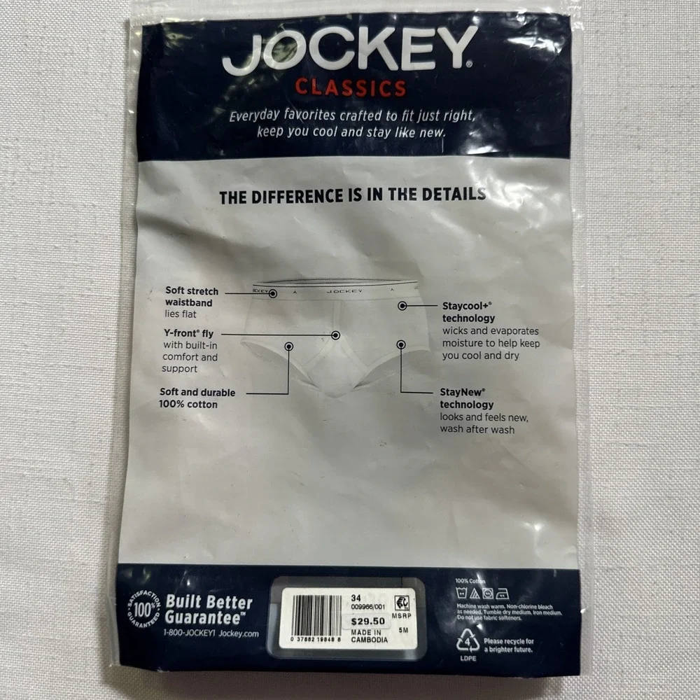Men's 3 Pairs Jockey Classic Collection Low-Rise Briefs Black NIP 100% Cotton 34